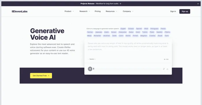 Zrzut ekranu narzędzia AI ElevenLabs