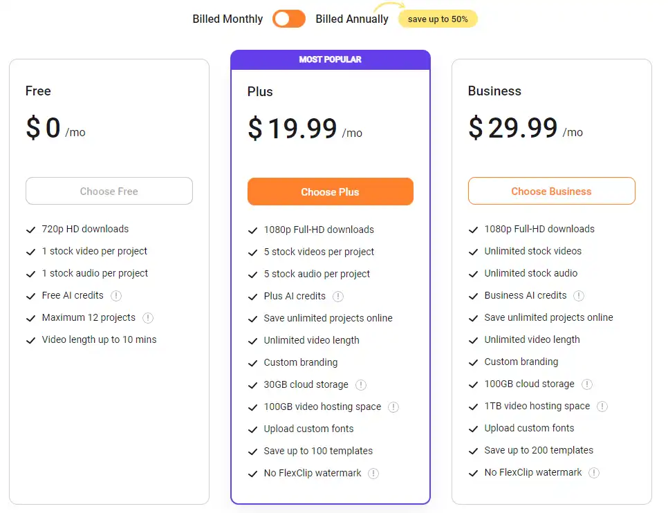 plan de precios mensual para FlexClip 2