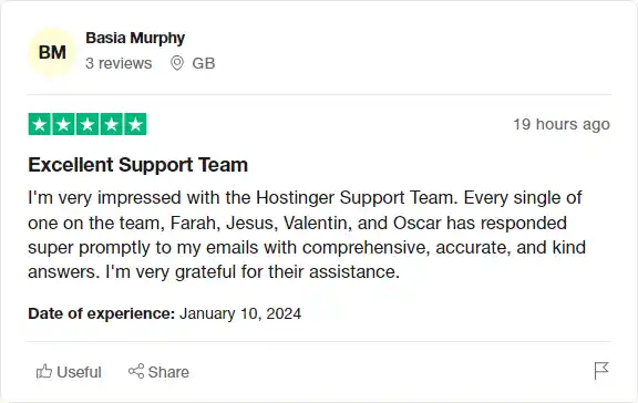 Recensione di Trustpilot per Hostinger Website Builder