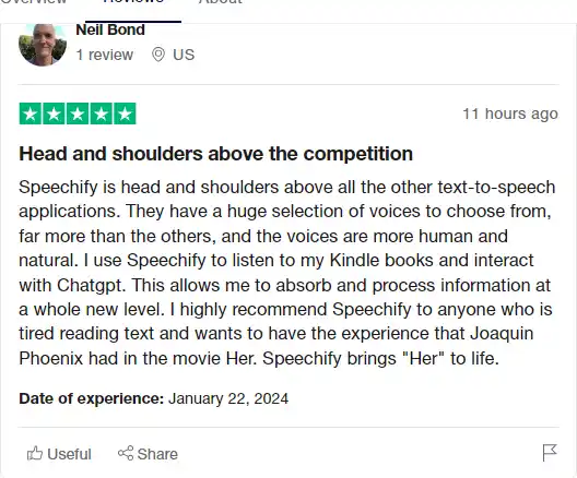 Recensione di Trustpilot per Speechify