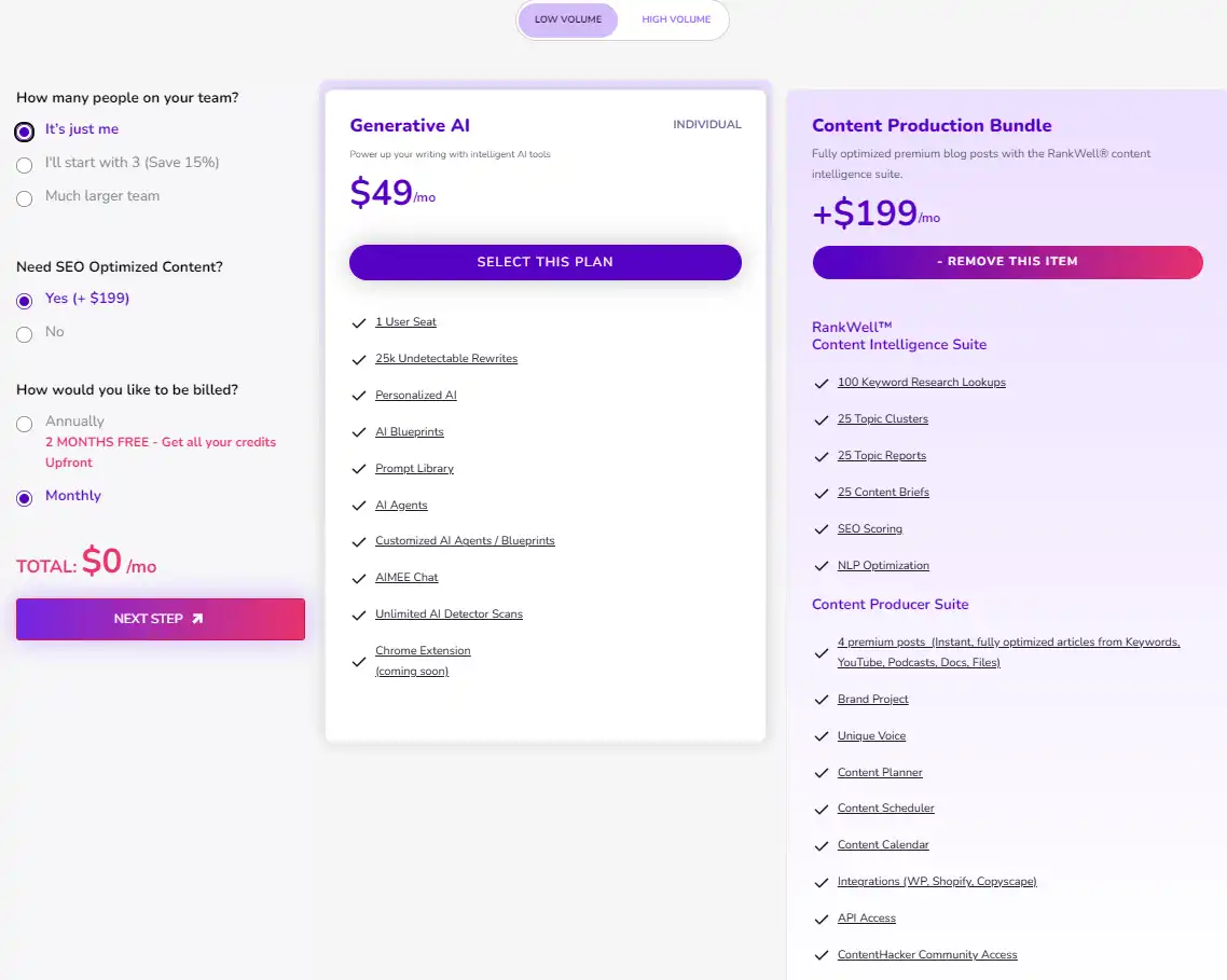 plan de precios mensual para Contentatscale 1