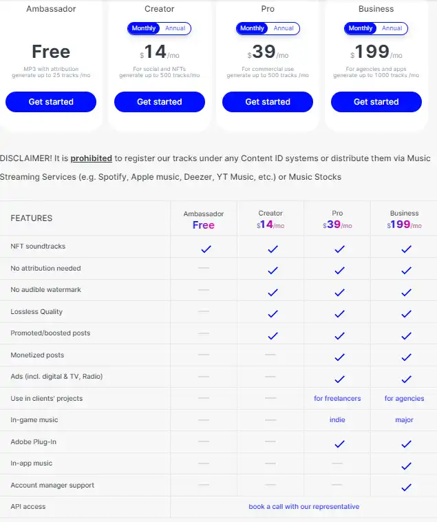 monthly pricing plan for Mubert 1