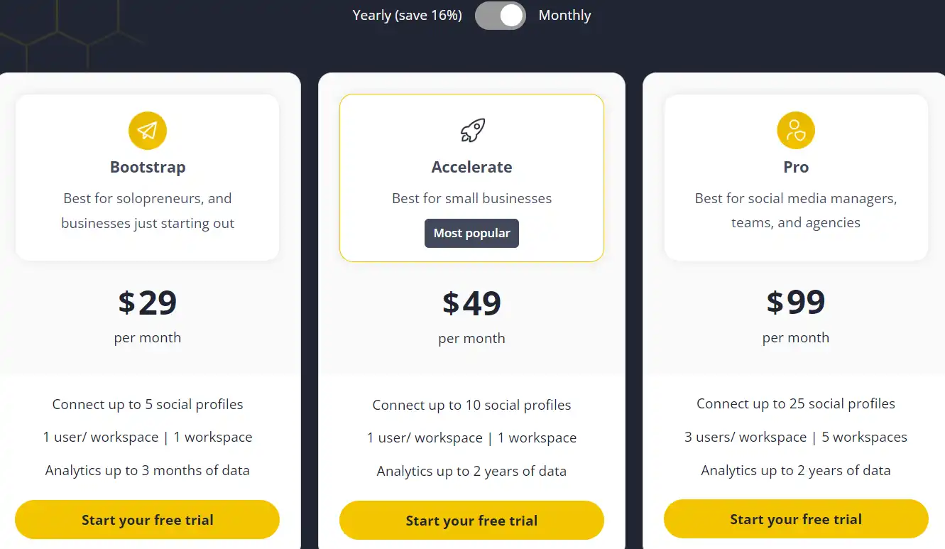 خطة التسعير الشهرية لـ SocialBee 1